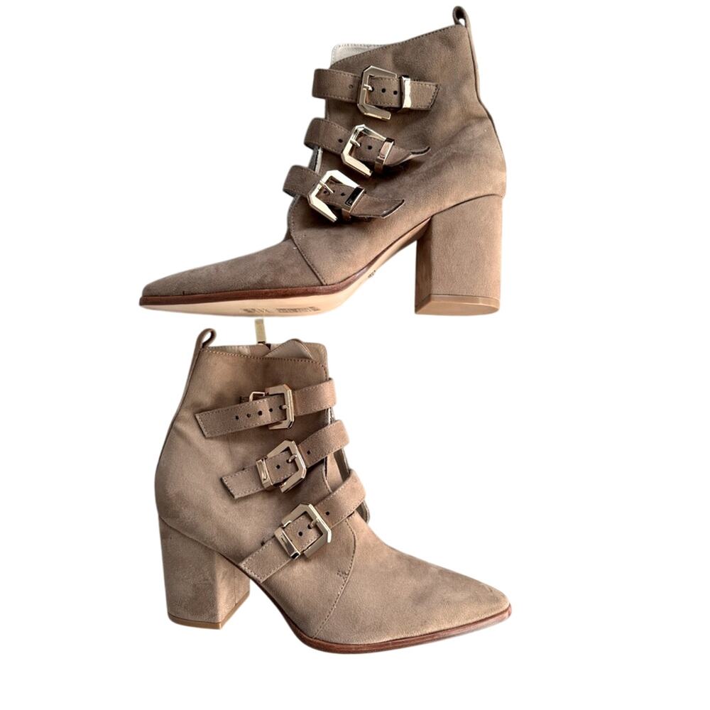 RAYE Tan Heeled Boots with Buckle Detail